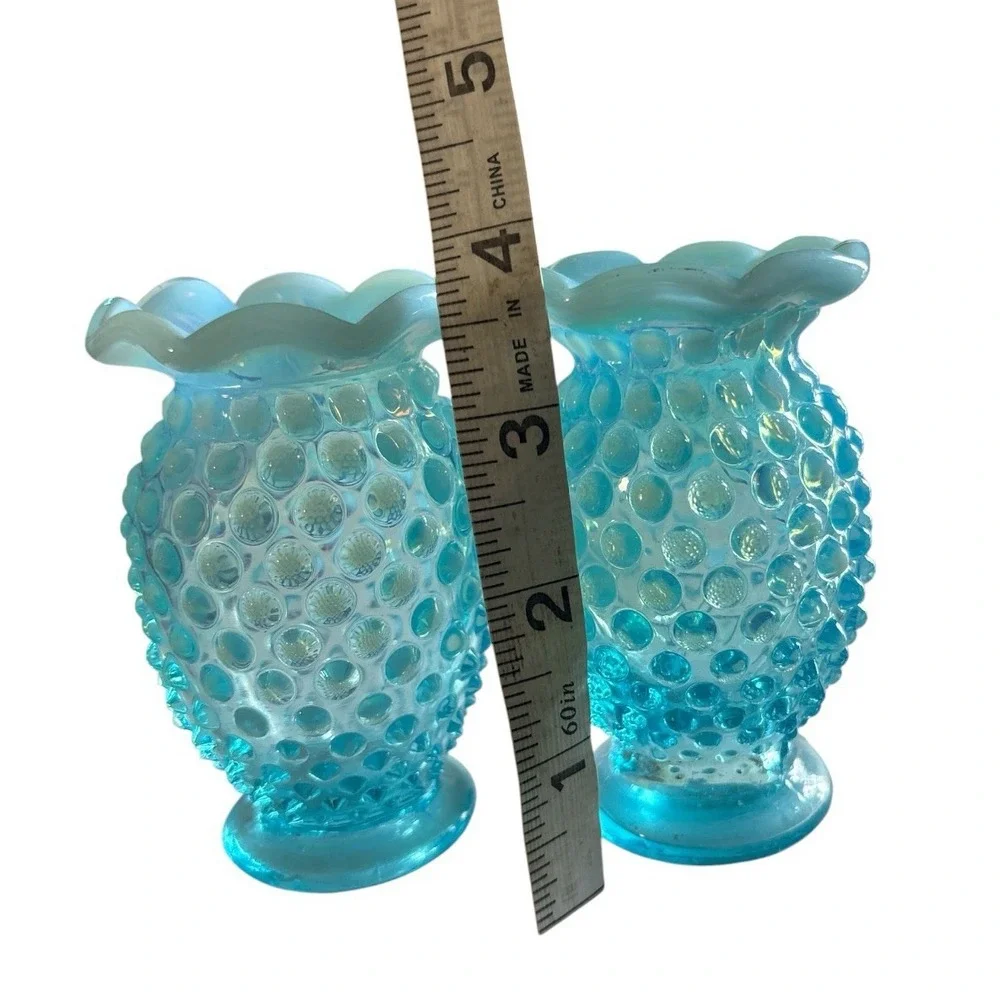 Vintage Pair-Fenton Blue Hobnail Ruffled Opalescent Glass Miniature Vases #13
